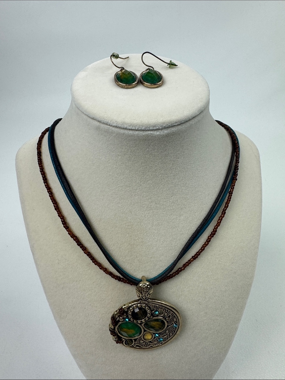 Bohemian Green Multi-Stone Pendant Necklace and Earrings Set